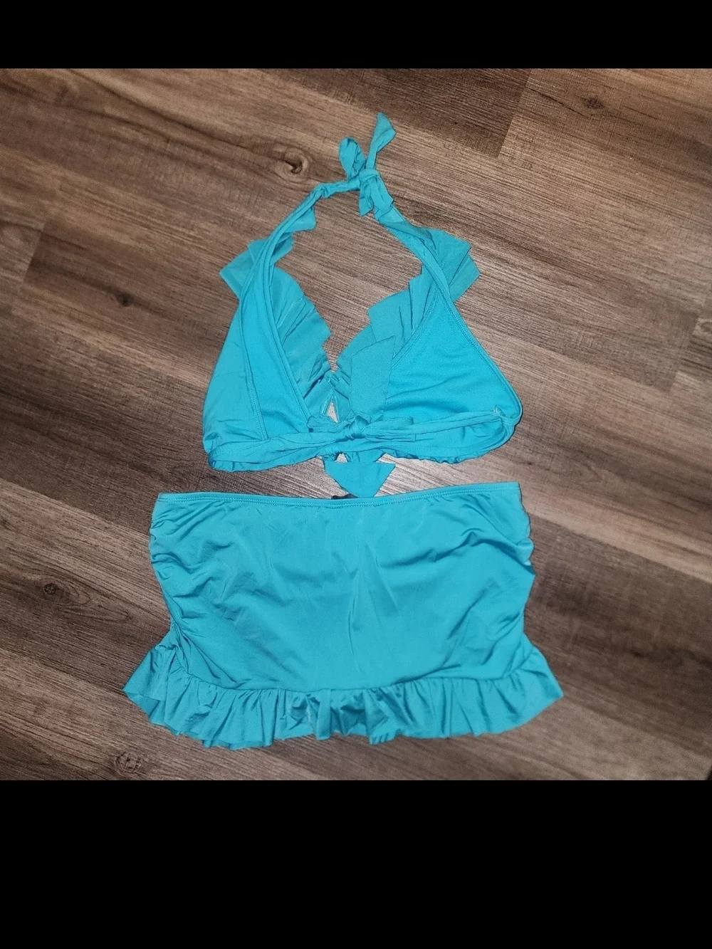 Turquoise Ruffle Tie Front Halter Bikini Top Swimsuit Large